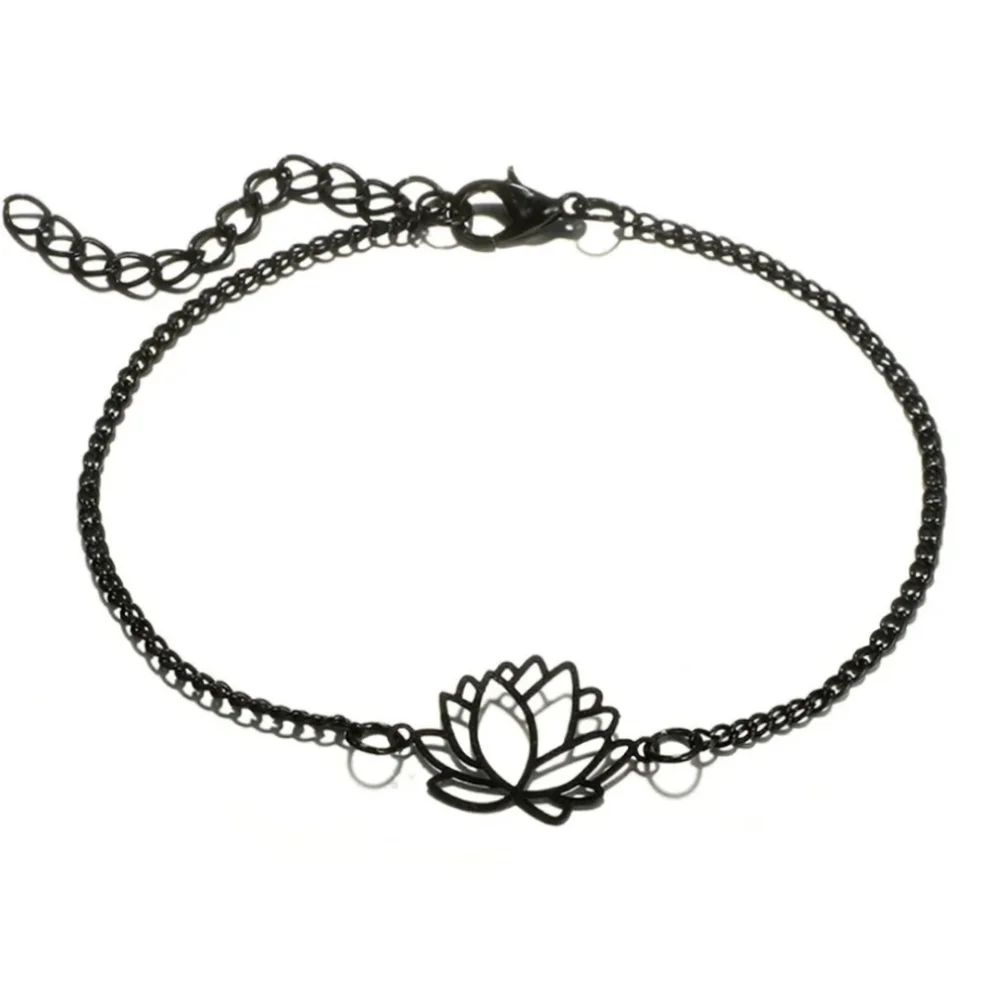 4pc Black & Gold Charm Layering Bracelets Feather Lotus Flower Heart Bead - Picture 8 of 13